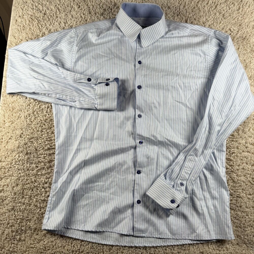 Siragusa Men’s XL Tailored Fit Blue White Stripe Dress Shirt Made in USA